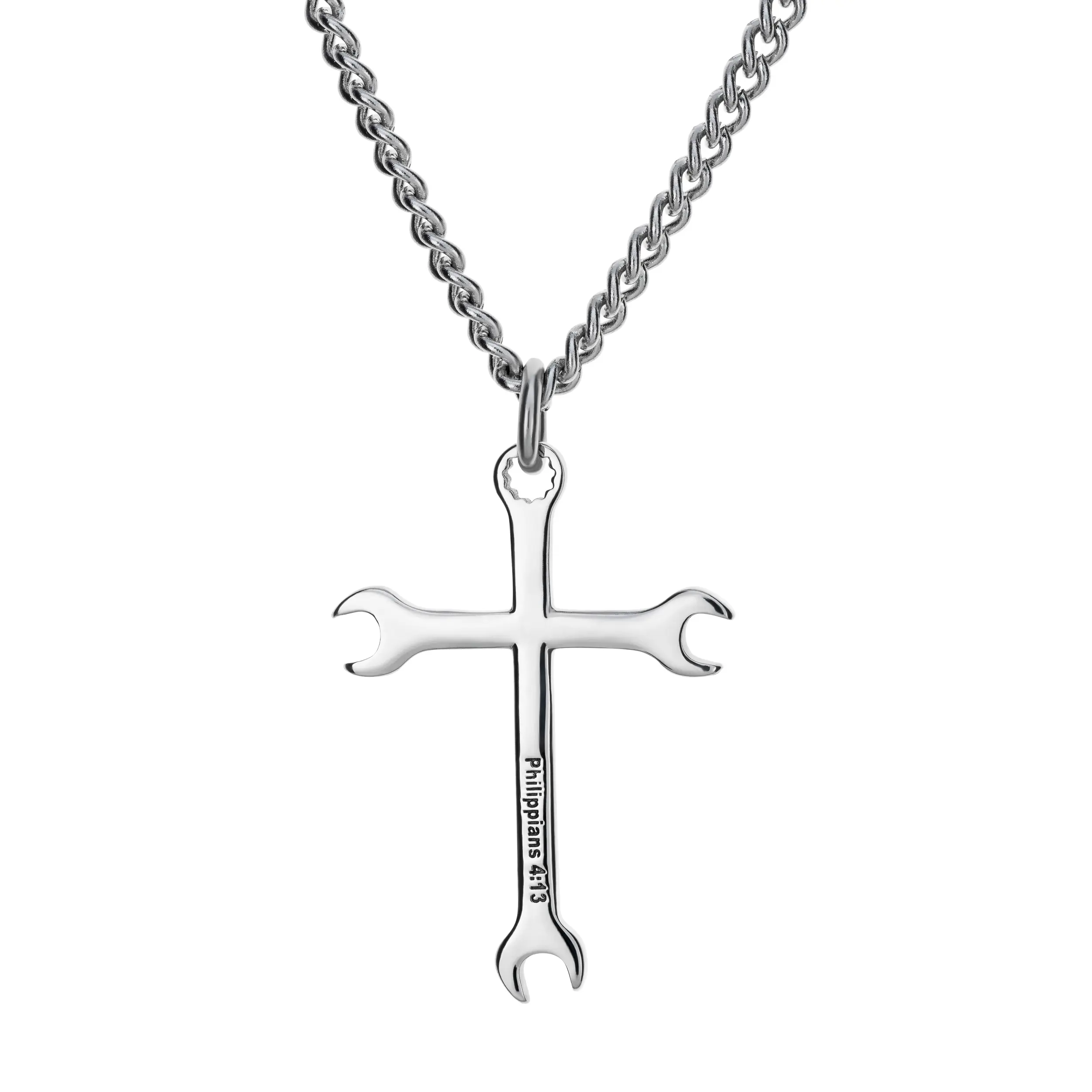 Shields of Strength Stainless Steel Men's Wrench Cross Pendant Necklace | Philippians 4:13