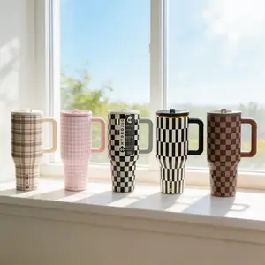 HYDROJUG 40oz large-capacity stainless steel insulated mug is available in a variety of geometric checkerboard patterns. The non-slip rubber base keeps drinks hot or cold for extended periods. A perfect Mother's Day gift. Tumbler Portable Drinkware Flasks
