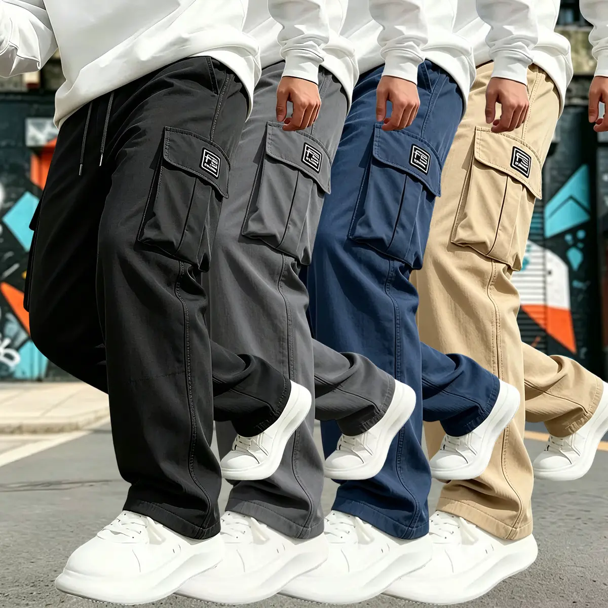 Men’s cargo pants — men’s solid-color work pants with a straight, loose fit, multiple pockets, versatile casual long pants for all seasons.