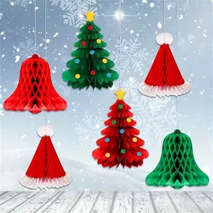 6-piece shiny honeycomb lantern decorations - with glittering edges, green and red paper Christmas tree and festive home decorations