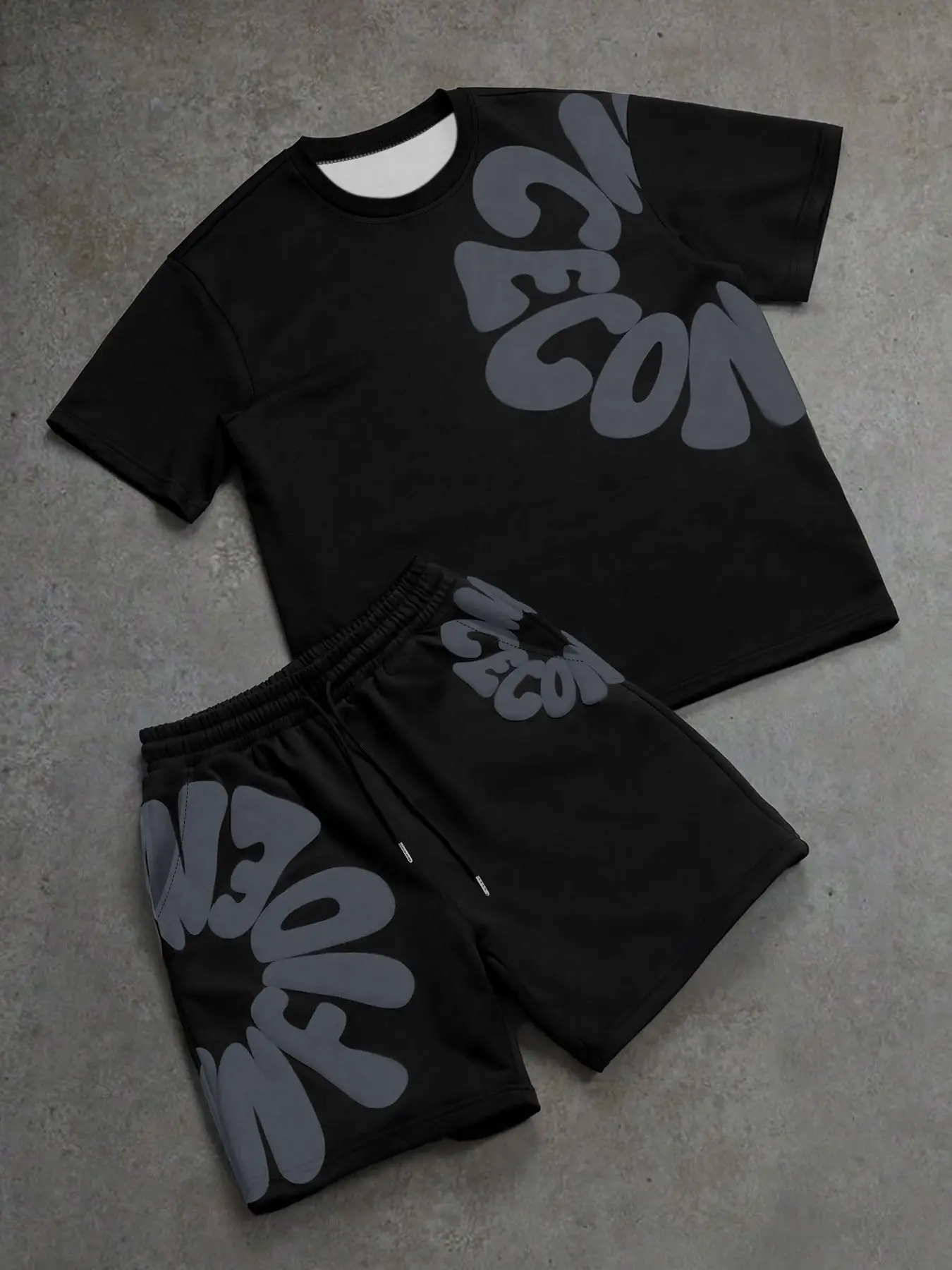 Letter Print Graphic Short-Sleeve Set, Unisex Loose-Fit Tee and Shorts, Casual Daily Wear, Comfortable for Home and Commute, Sporty Two-Piece Outfit, Clothes