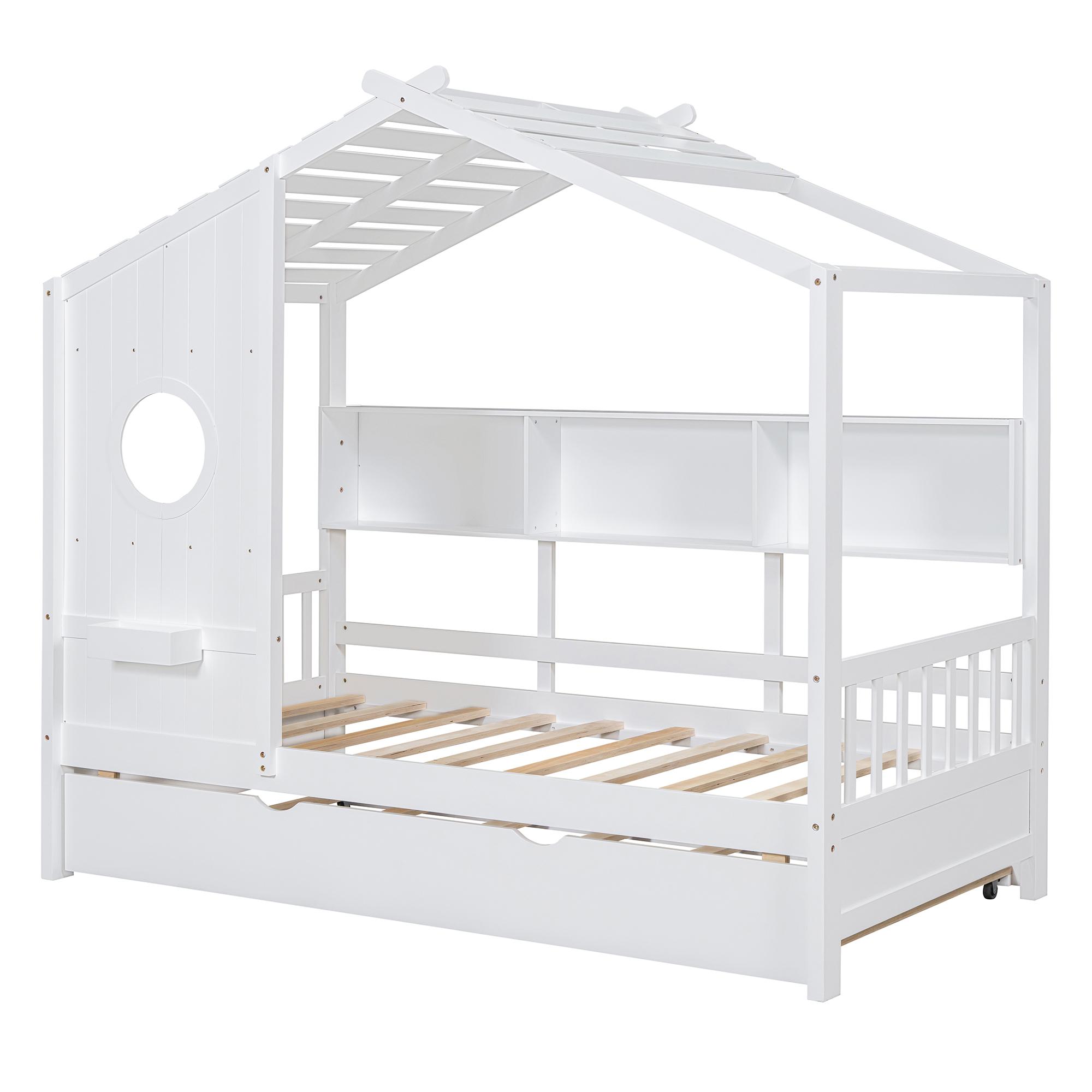 Eyisean Full Size Wooden House-Shaped Bed, Space-Saving Bed Frame with Trundle & Storage Shelf, Modern Platform Beds with Pitched Roof & Fence Rails, No Box Spring Needed, Easy Assembly for Bedroom