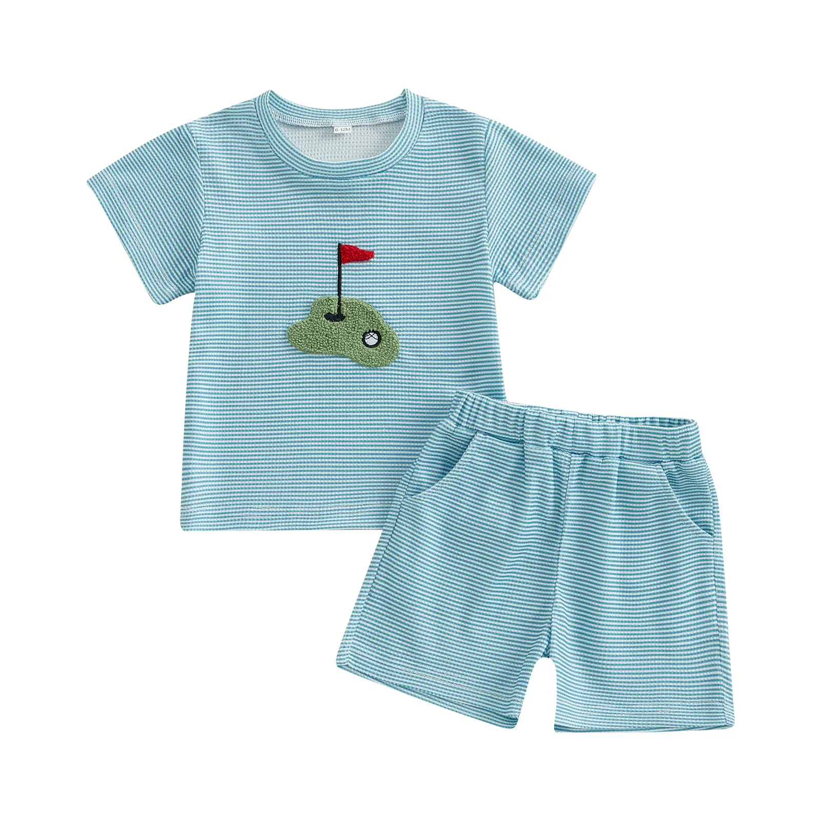 Toddler Baby Boys Two Piece Outfit Golf Embroidered Waffle Short Sleeve Waffle Striped T Shirt Tops Elastic Waist Shorts 2pcs Summer Set #Springtok