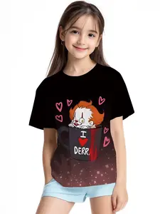 DERR Cup Pennywise Clown Digital Print Summer Fashion Girls' Clothing, 100% Polyester Designed for Energetic Children