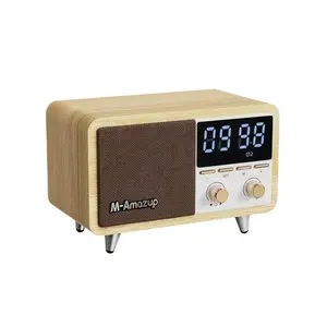 Vintage Bluetooth radio speaker with FM reception, dual alarm clock, digital LED display, TF card MP3 player, USB rechargeable wooden radio, stereo sound system for bedroom, living room, office desk, home décor, and everyday listening