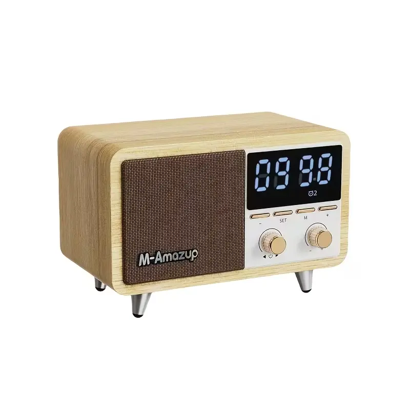 M-Amazup Retro Wireless Vintage Wooden Alarm Clock - Student Dual Alarm, FM Radio Receiver, Bluetooth Speaker, USB Rechargeable Audio Player, Room Accessories for Teen Bedrooms