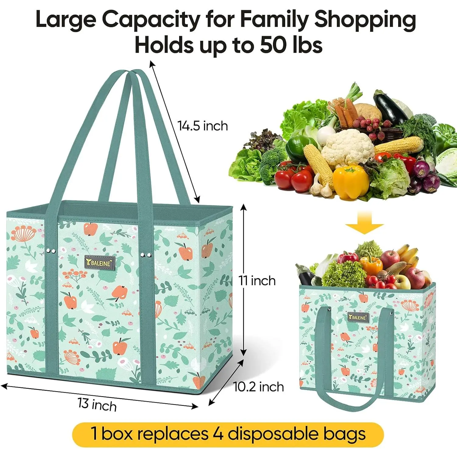 Baleine 1-Pack Heavy-Duty Reusable Grocery Bag - Foldable Sturdy Designs Shopper Handbag with Reinforced Bottom, Extra-Long Handles, Water-Resistant Fabric, Compact Eco-Friendly Tote to Eliminate Disposable Plastic Bags for Groceries, Travel
