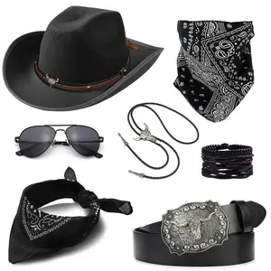 7pcs Men's Western Style Outfit Set: Cowboy Hat + Scarf + Sunglasses + Tie + Belt + PU Leather Wristband + Face Cover - Vintage Outdoor Look Kit