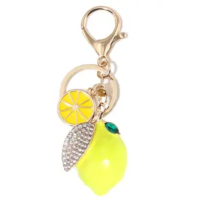 Creative Cute Alloy Rhinestone Enamel Imitation Fruit Lemon Keychain Car Bag Pendant Supermarket Gift