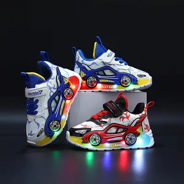 Toddler Cartoon Car Athletic Sneakers for Boys & Girls Ages 1-6, Casual LED Light-Up Low-Top Shoes with Hook & Loop Closure and Non-Slip PVC Sole, Christmas Gift, Casual Low Top, Casual Sneakers Shoes