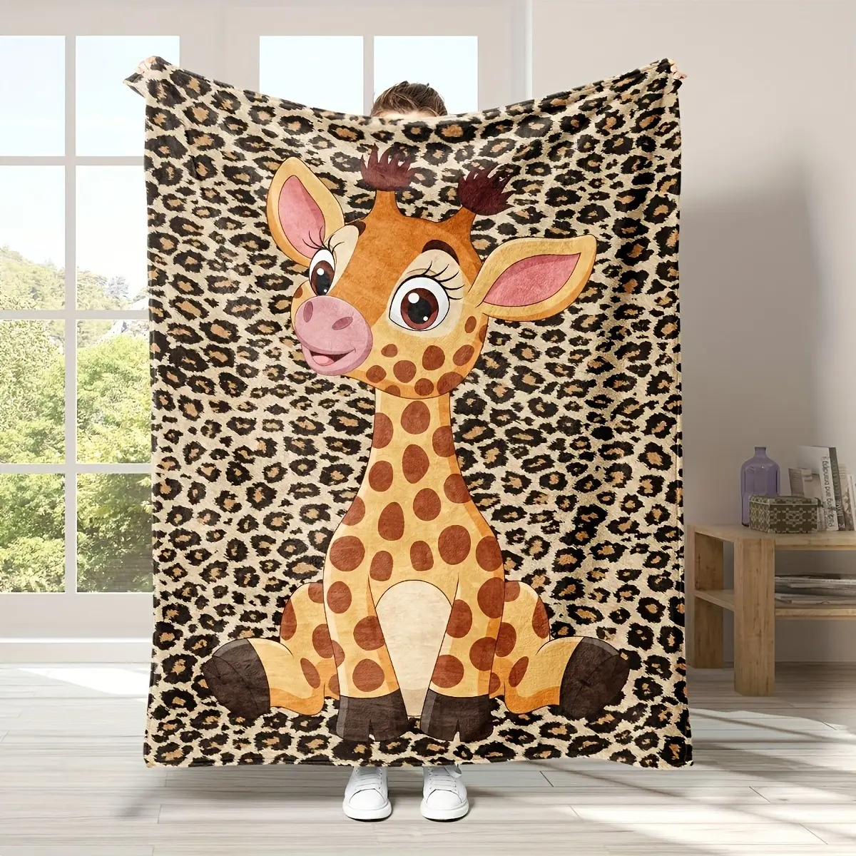 Cartoon Giraffe Print Animal Theme Flannel Fabric Blanket - Soft Plush Texture Multi-Size Safari Throw, Ideal Gift for Giraffe Lovers, Kids Nursery Home Decor, Whimsical Home Decor, Soft Warmth