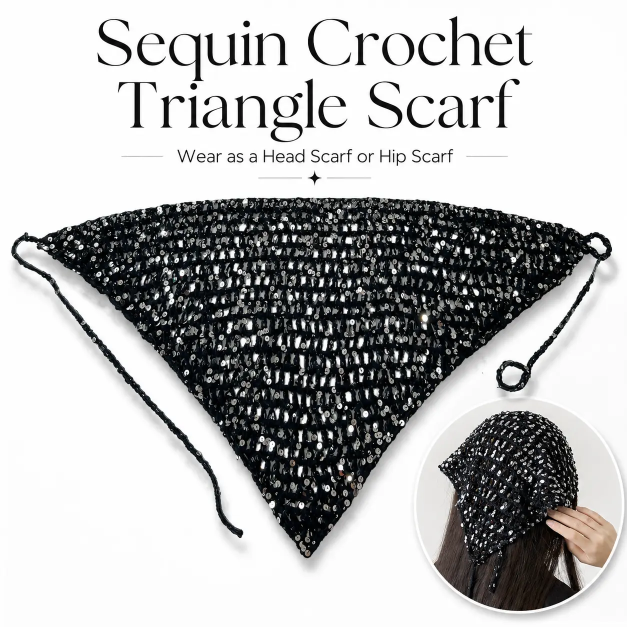 Women's Boho Style Sparkle Embellished Sequin Triangle Scarf - 75×37cm Lightweight Crochet Knit Shawl, Breathable Hair Accessory for Girls, 3 Colors Black White Khaki for Daily/Party Wear, Three Colors