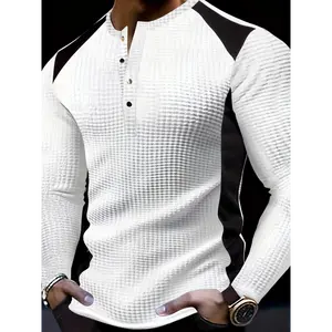 Men's Autumn And Winter Contrast Color Waffle Knit Long Sleeve Henley Shirt, Chic And Stylish Tops For Outdoors And Sports Leisurewear