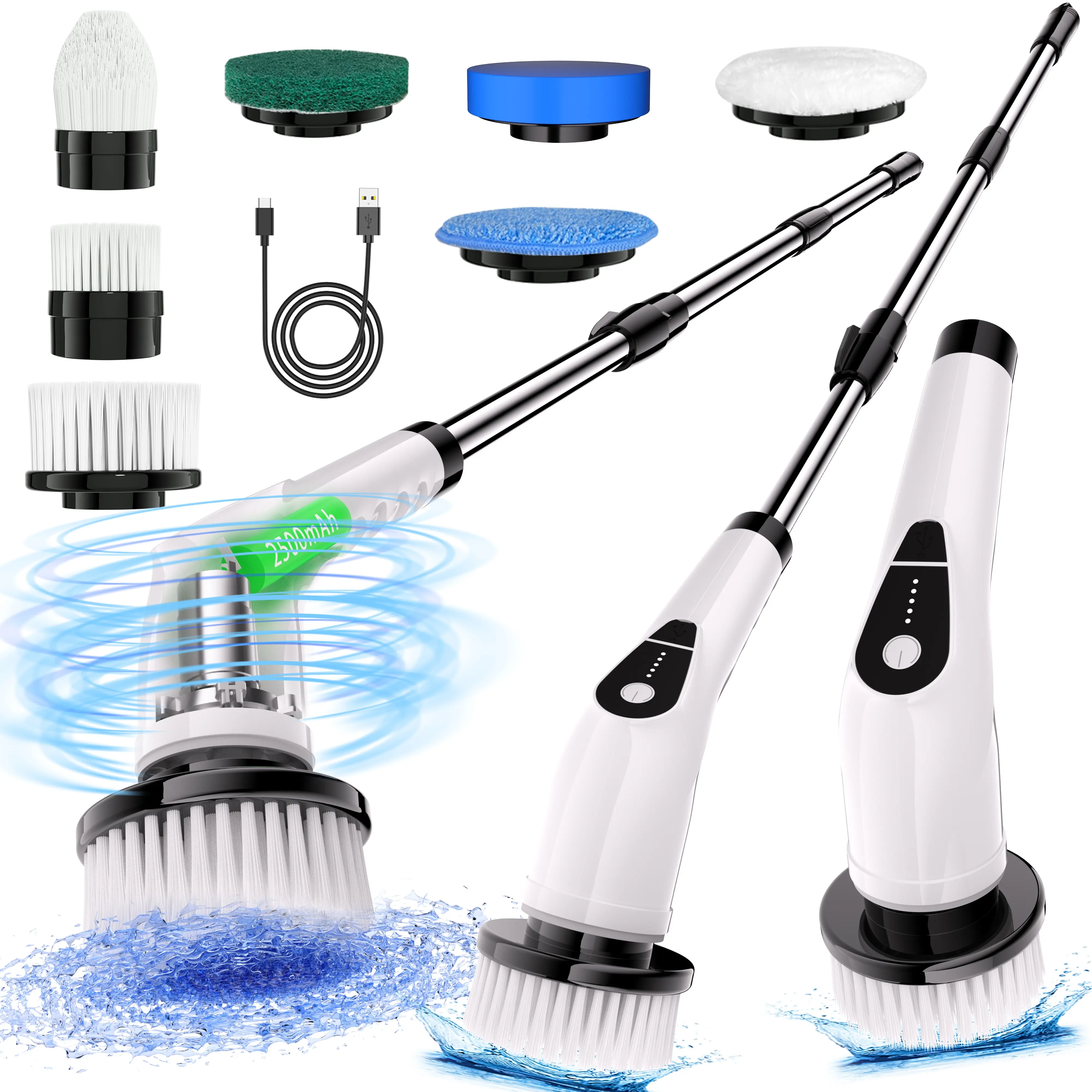 Cordless Rechargeable Spin Scrubber, Multifunction Handheld Floor Scrubbing Brush with 7 Interchangeable Heads, 2 Speed Settings, LED Battery Display - Time & Energy Saving Home Care Tool