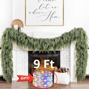 Early Bird | 9ft Pre-Lit Christmas Pine Garland - 50 LED Lights - Realistic Faux Greenery for Mantle, Stair & Fireplace - Battery Operated & Ornaments Decor  Christmas Decoration, Get Free Gift