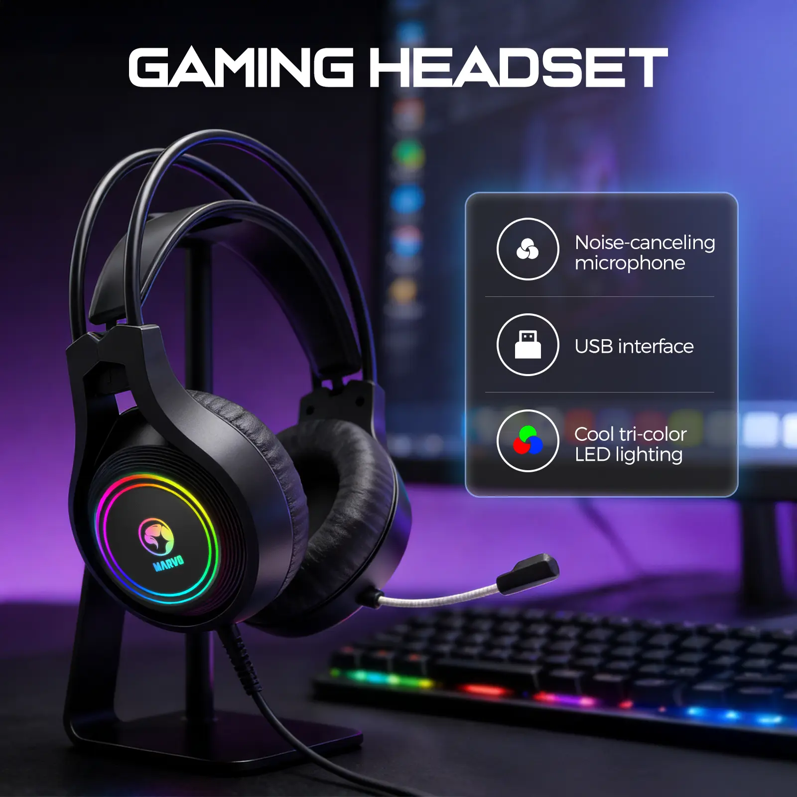 Marvo Core Gaming Headsets - Headphones for Gaming with 50mm Speakers, USB 2.0 Connection, Omnidirectional Mic, Dual PU Headband, 2.2m Cable, On-Earcup Volume Control, Compatible for PC Desktop Gamers & Home Gaming Setups