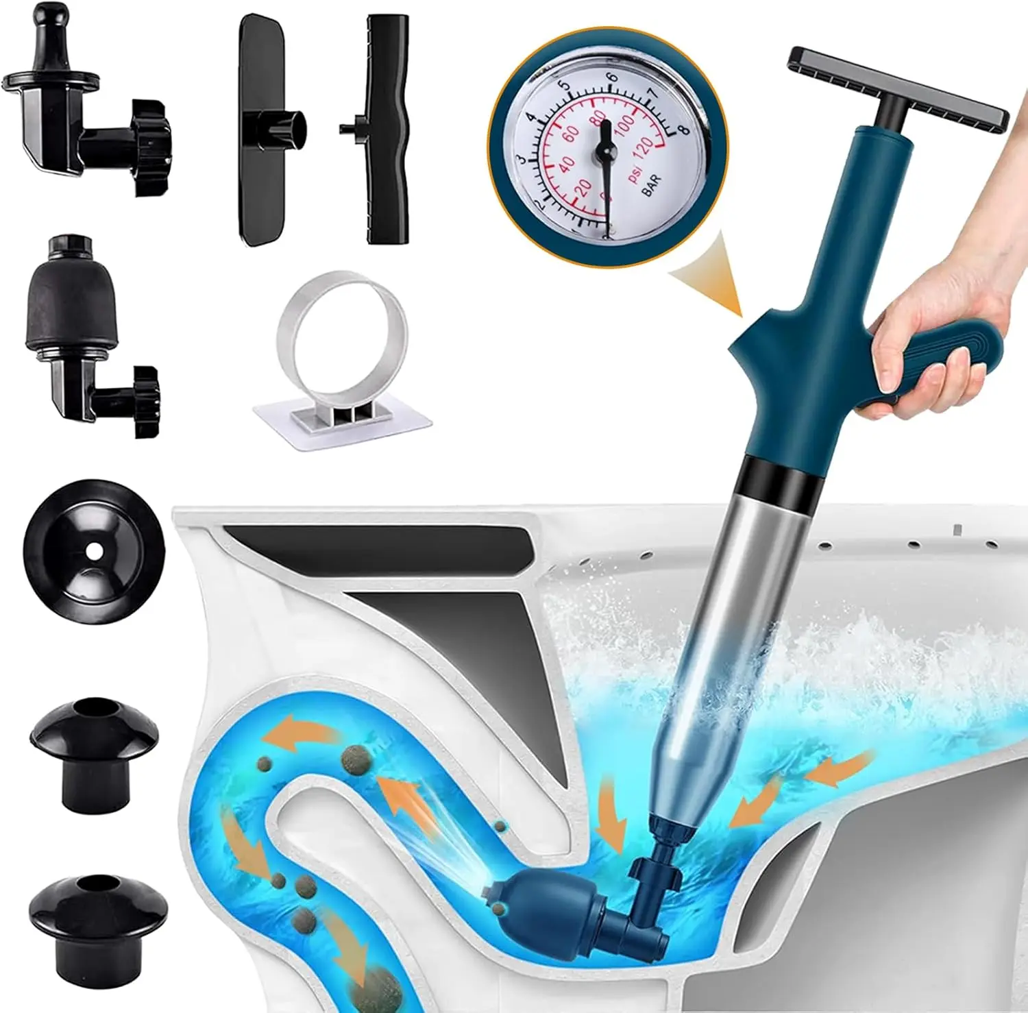 Toilet Plunger with Pressure Gauge, High Pressure Air Drain Blaster for Toilet, Sink, Bathroom, Kitchen, and Floor Drain Clog Remover.
