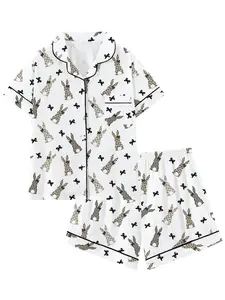 Cute Easter Bunny Bow Collar Short Sleeve Pajama Set for Teen Girls, Easter Theme Bunny Print Pajamas, Comfortable Sleepwear for All Seasons, Party Gift Idea, Teen Pajama Sets