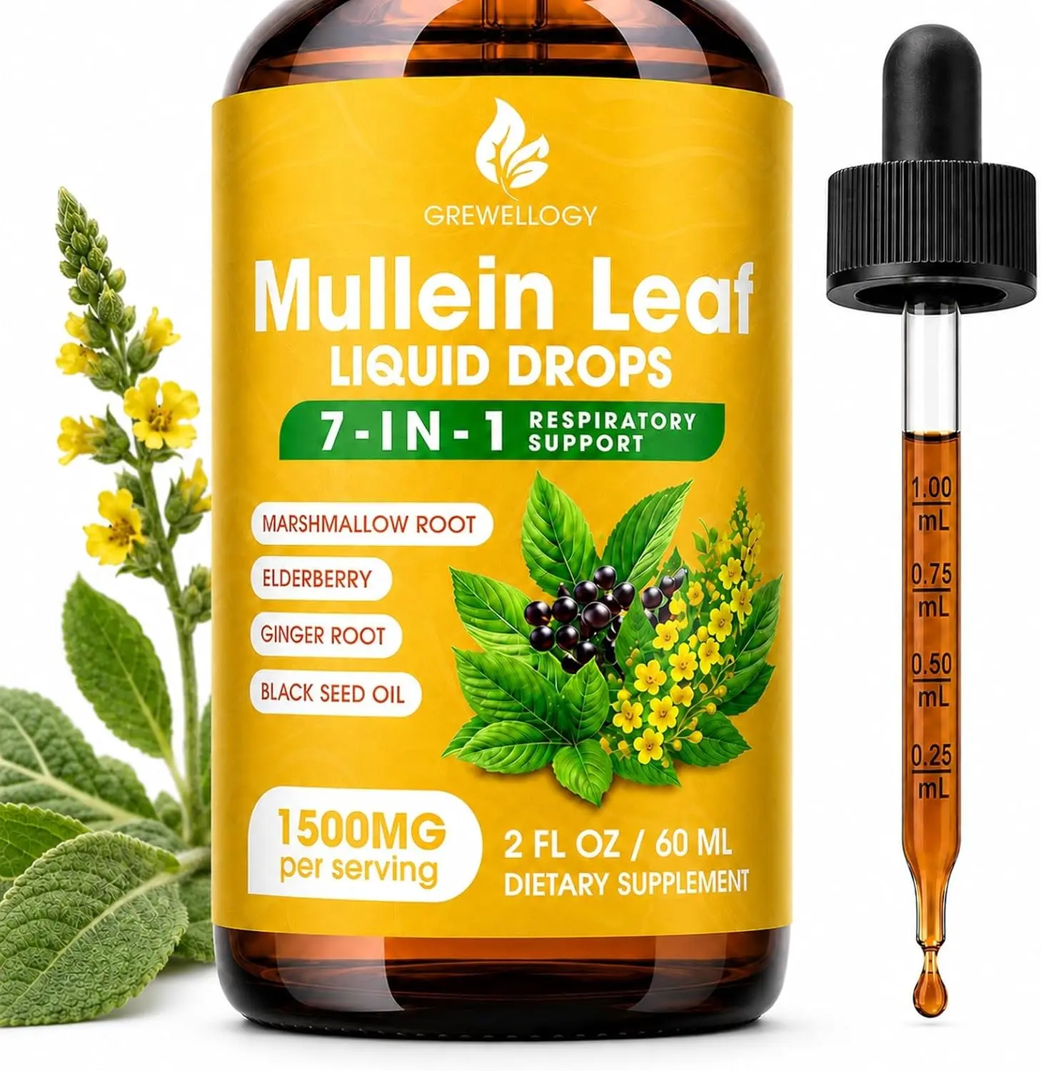 Mullein Drops for Lungs, 7-in-1 1500mg Mullein Leaf Liquid Extract for Lungs Cleanse and Respiratory Support, Lung Detox for Smokers Free Breathing, 2 Fl Oz