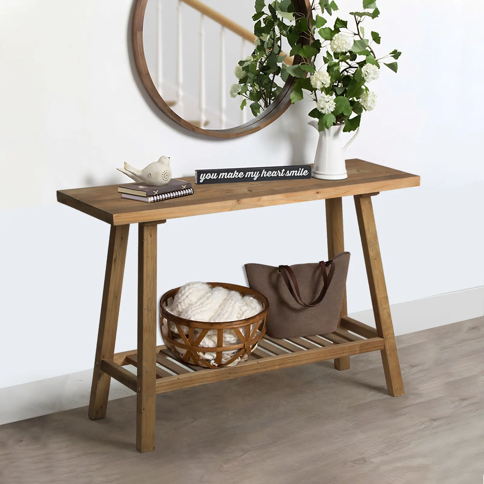 Solid Wood Console Table, Farmhouse Entryway Table, Narrow Couch Tables Behind Sofa, 2 Tiers Accent Tables for Hallway, Entrance, Foyer, Living Room
