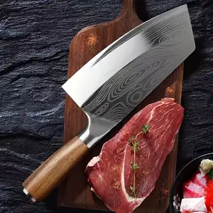 Heavy Duty Meat Cleaver, Damascus Pattern Chef Knife Stainless Steel Kitchen Chopper with Solid Wood Handle for Meat & Veggies