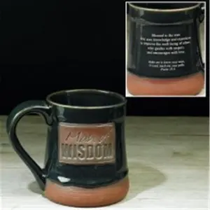 212 MAIN 20oz Reusable Clay Coffee Cup - Handcrafted Stoneware Pottery Mugs, Microwave-Safe, Washable, Message Back, Black Kitchen Drinkware (Man of Wisdom Design)