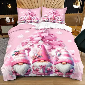 Christmas Theme Duvet Cover Set, Includes One Quilt Cover and Pillowcases, Pink gnome Dressed up, Christmas Tree and Snowflake Pattern, Soft Comfortable Bedding, Holiday Bedroom Decoration Gift, Machine Washable Duvet