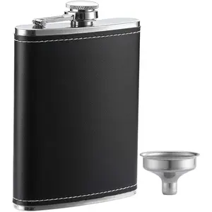 1 Pack Flask for Liquor and Funnel, Premium 8 Oz Leak Proof 18/8 Stainless Steel Pocket Hip Flask with Black Leather Cover, Great Gift Idea