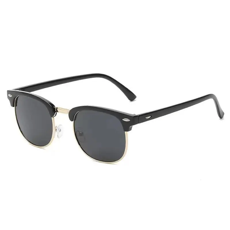Semi-Rimless Classic Polarized UV400 Black Gold Frame Gradient Gray Sunglasses for Men Women Casual Driving