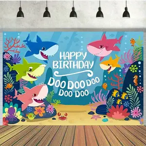 1pc Vibrant Shark Birthday Party Backdrop - 7x5ft Colorful Polyester Photography Banner with "Happy Birthday" & Underwater Scene, Perfect for Cake Table Decor & Outdoor Celebrations - No Electricity Required, Youngsters Shark Party Decorations