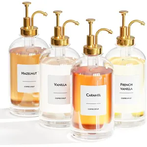 16.9 oz (500 ml) Coffee Syrup Dispenser Set- 4 Glass Bottles with Gold Pumper and Syrup Labels - Precise Dispensing and Stylish Addition to Coffee Shop, Cafe or Home Bar