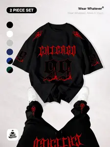 Streetwear Gothic Flame Print 「2-Piece Set」 Breathable Short Sleeve T-Shirt + Sporty Wide Leg Pants, Casual Unisex Fashion