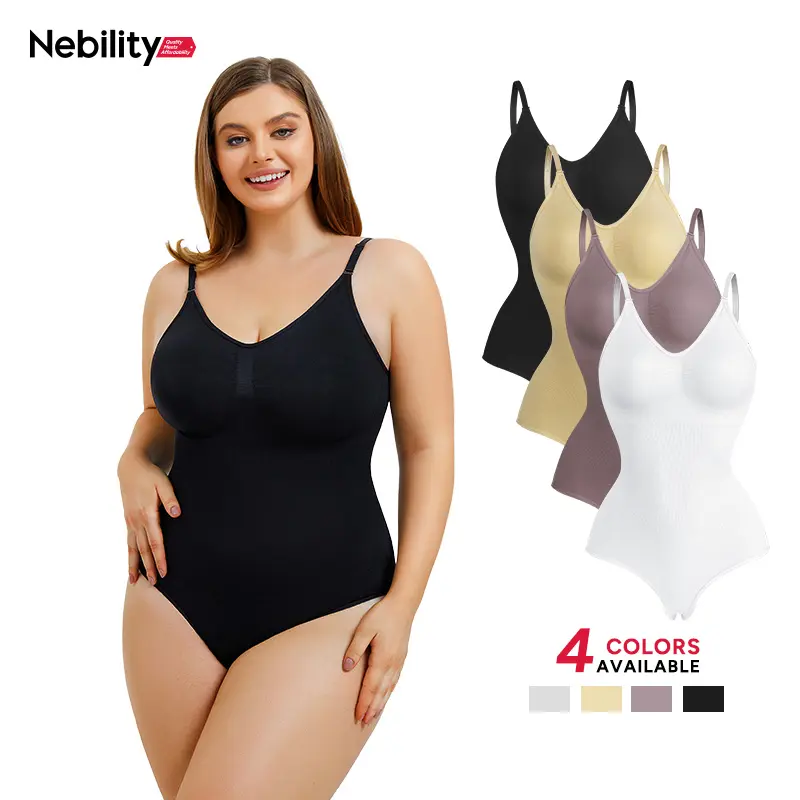 Nebility Women's Seamless V-Neck Thong Bodysuit - Sleeveless Faja Shapewear, Tummy Control Compression, Basic Minimalist Comfort Womenswear Vneck