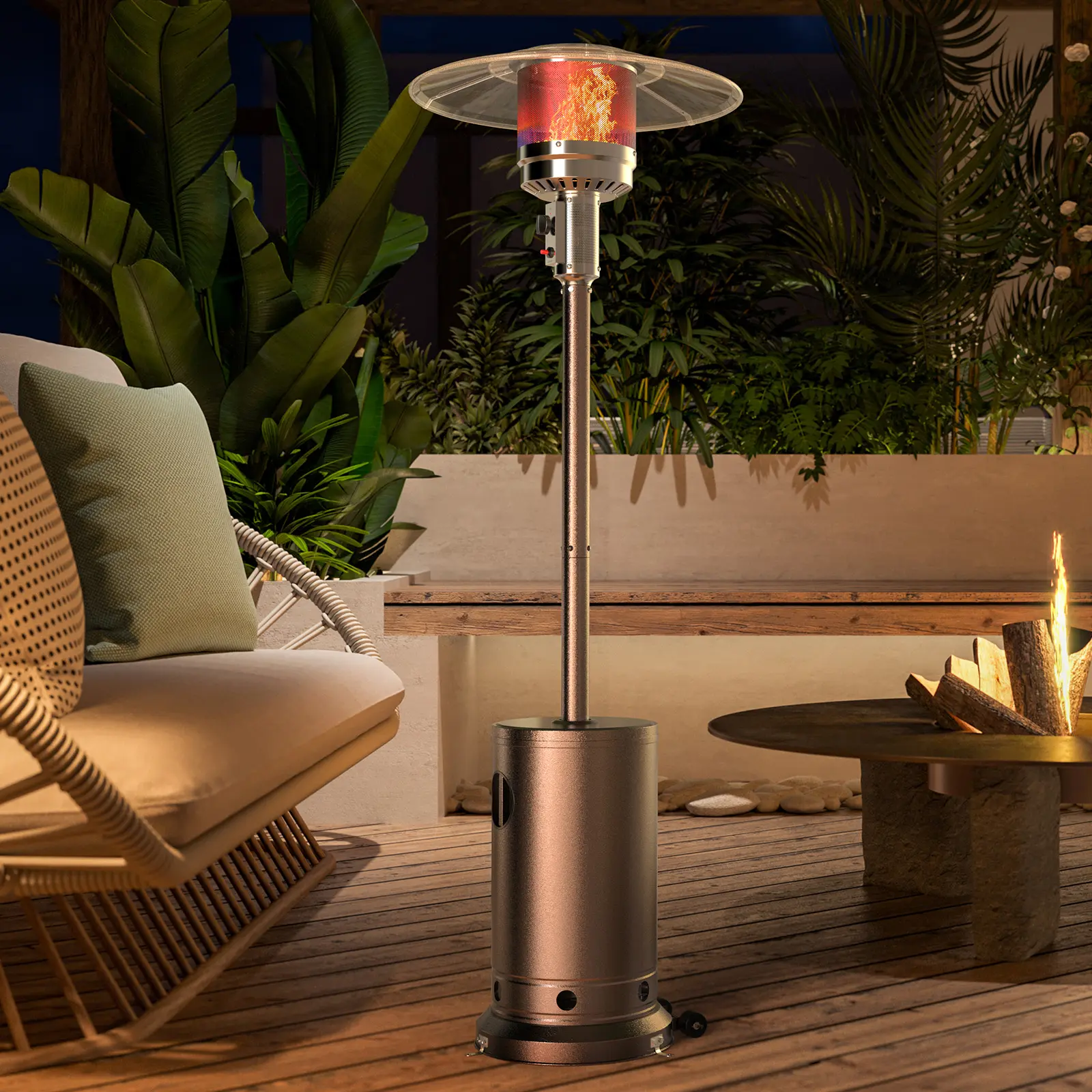 Sweetcrispy 48000 BTU Round Propane Tabletop Patio Heater - Iron Construction, Built-In Convenient Table, Wheels, Double-Layer Stainless Steel Burner, 18 ft Coverage Gas Fire Pit for Household Gardens