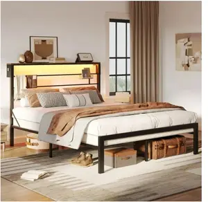Full Size Bed Frame with 49.2" High LED Storage Headboard Shelf Metal Platform Bed Black Ergonomic Design with Crossbar & Adjustable Smart LED for Comfortable Reading and Relaxing Atmosphere
