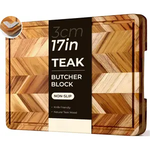 Teak   Board for Kitchen Large End Grain Heavy Duty Checkered Wooden  Board Non  Herringbone Charcuterie Butcher Block Non Slip Hardwood Chopping Board with Juice  Handle