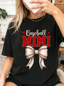 Baseball Mimi Coquette Bow Game Day Mothers Day T-Shirt Print T-Shirt Casual Crew Neck Short Sleeve Comfort Tee Top For Spring & Summer Women's Clothing