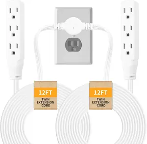 Extension Cord, 24 Ft Flat Wall Plug, 12  on Each Side, 3 Prong Power Strip with 6 Outlets, Double Extension Cord Splitter for Behind Bed, Couch, Nightstand, Furniture, White