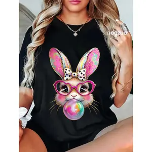 Cotton Unisex Happy Easter Bunny Coquette Bow Brushstroke Easter Girl TShirt Casual Top
