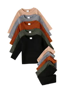 Boys' Casual Waffle Knit Long Sleeve Top & Pants Set, Clothing Sets, Soft Comfortable Plain Color, 10-Piece, Perfect for Daily Wear