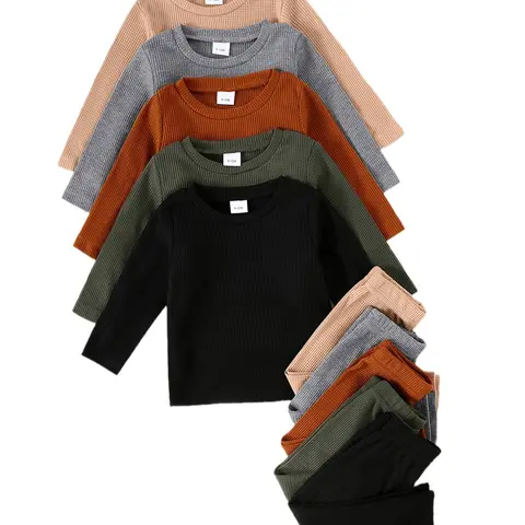 Boys' Casual Waffle Knit Long Sleeve Top & Pants Set, Soft Comfortable Plain Color, 10-Piece, Perfect for Daily Wear