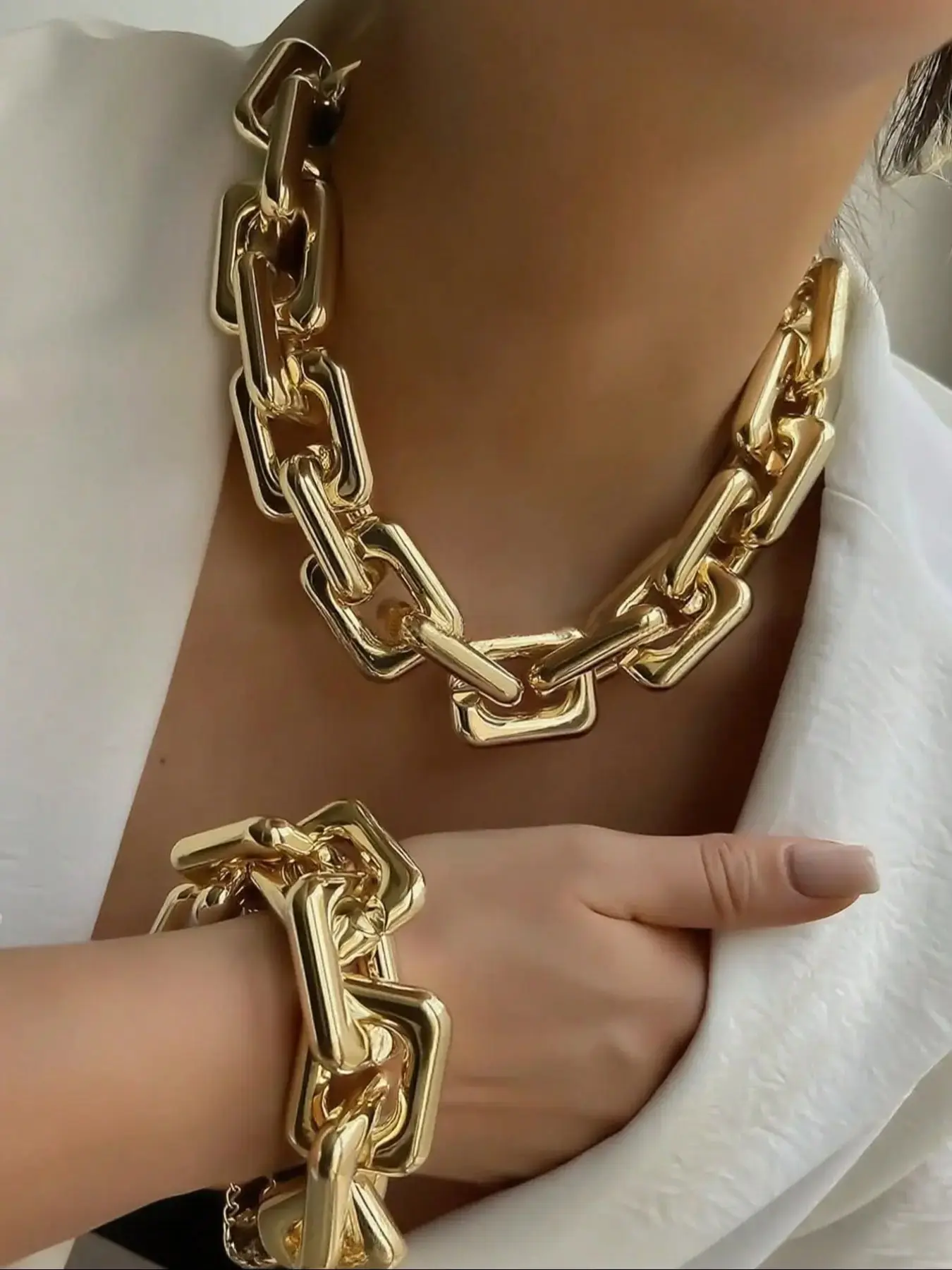 Women's Bold Chunky Chain Jewelry Set, Necklaces Set, Gold Tone Statement Necklace Bracelet Set, Punk Hip Hop Fashion Link Chain Accessories for Women, Luxury Street Style Collar Necklace and Matching Cuff Bracelet, Party Date Daily Wear Gift Jewelry