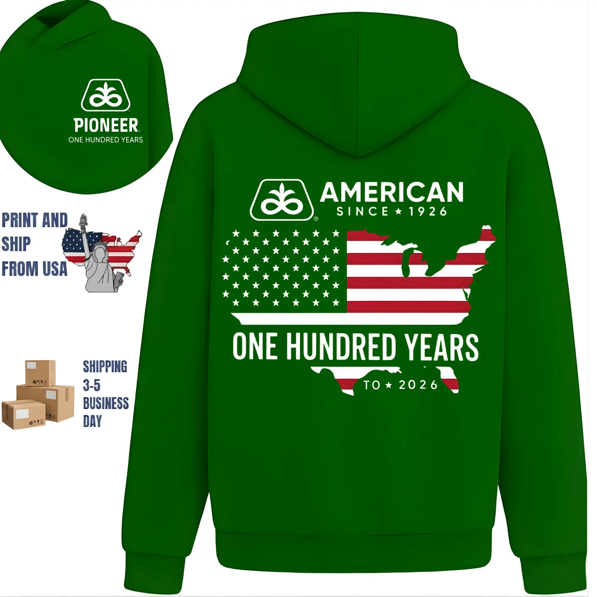 American Pioneer One Hundred Years Hoodie, 2 Sides, patriotic farming graphic, oversized Hoodie for men, American heritage style, gift for farmers