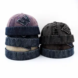 Unisex corduroy beret with a W letter design, sailor cap style, rolled brim, available in multiple colors, vintage knit hat with a buttoned band