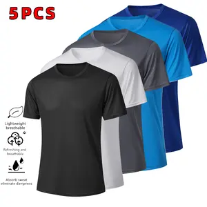 5PCS Men’s T-Shirt for Summer – Stretchable, Quick-Dry High-Elasticity Sports Wear; Casual Solid Color Short-Sleeve Top for Exercise and Running