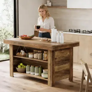 Tribesigns 55 Inches Kitchen Island with Storage, 3-Tier Farmhouse Wooden Stationary Island Table with Large Worktop & Leg Room, Modern Coffee Bar Table with Storage Shelf for Kitchen