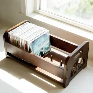 Traditional Adjustable Hollow Movable Wooden CD & DVD Storage Rack with Handles, Retro Dark Brown Organizer Stand for Home Office, Display Holder for Music Lovers desk