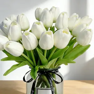 White Real Touch PU Artificial Tulips for Easter Valentine's Day Wedding BabyShower Table Centerpieces Mantel Shelf Bedroom Living Room Kitchen Home Decor RealisticSpring Flowers Fake Florals for Party Gift Office Patio Decoration