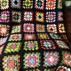 Handmade Crochet Granny Square Blanket Colorful Vintage-Style Heirloom Throw with Black Border for Cozy Home Decor