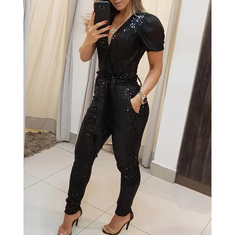 Women Sequins Belted Pencil Pant Jumpsuit Women Sequins Belted Pencil Pant Jumpsuit